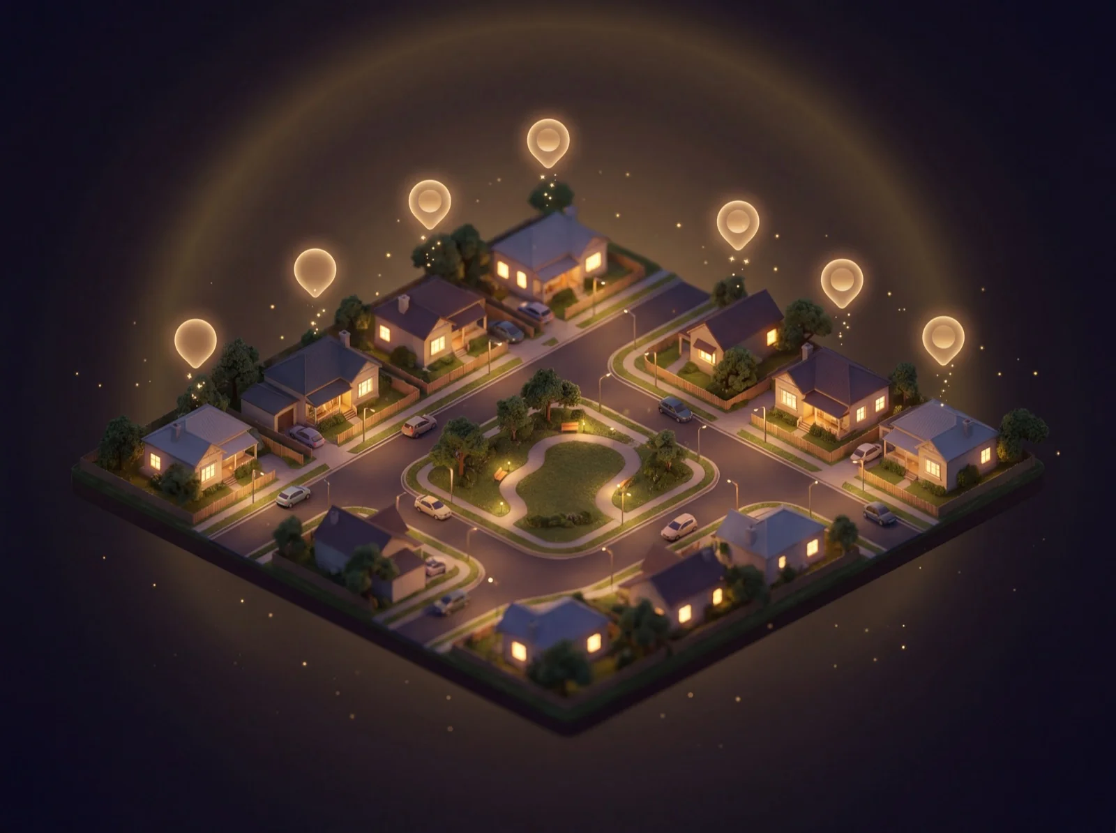 Top-down 3D view of an Australian suburban neighbourhood at night with gold pin-orbs floating above active homes.