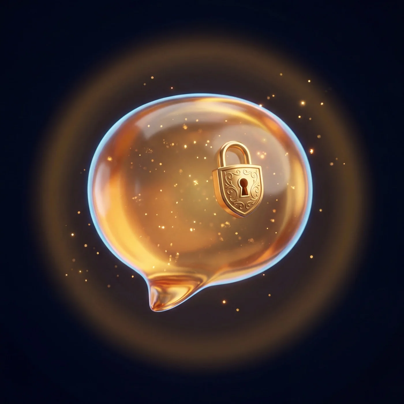 A glowing translucent chat bubble with a gold padlock emblem, suspended in dark obsidian space.