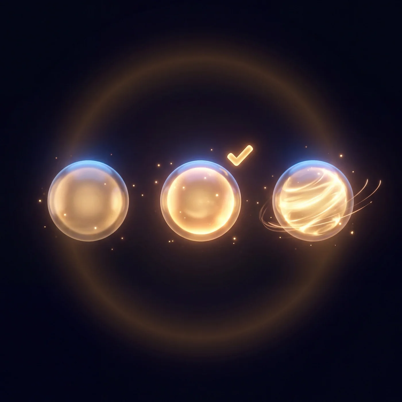 Three glowing orbs at rising intensities — calm, then a checkmark, then motion trails.